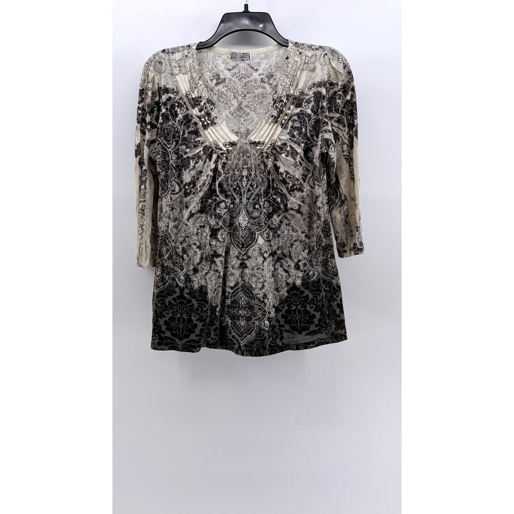 LOVE AMOUR Women's Wihte-Black Y2K Floral 3/4 Sleeve Top SZ M